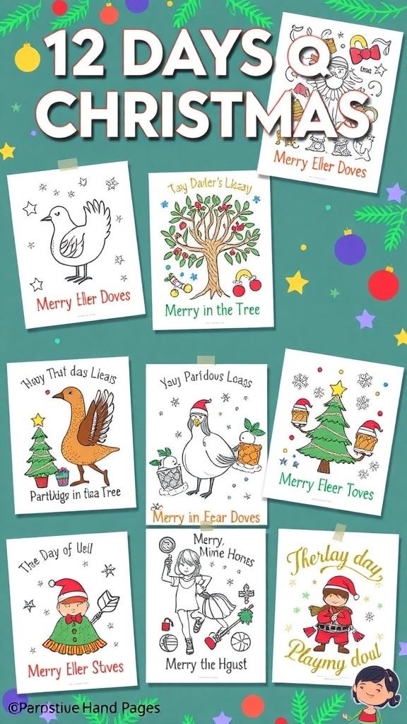 A collection of 12 Days of Christmas coloring pages with various holiday-themed illustrations.